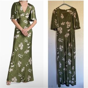 Sachin + Babi Mae Floral satin Olive green Floral fall wedding modestMaxi Dress